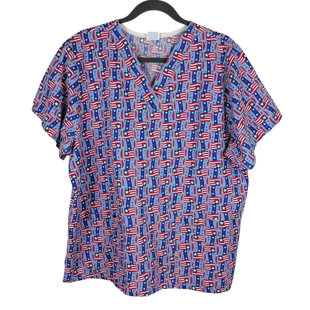 Tafford Uniforms American Flag Scrub Top V-Neck Patriotic Stars Blue Large